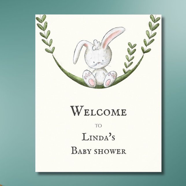 Simple White Rabbit Greenery Welcome Baby Shower Poster (Creator Uploaded)
