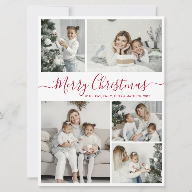 Simple White Red 5 Photo Collage Christmas Holiday Card (Front)