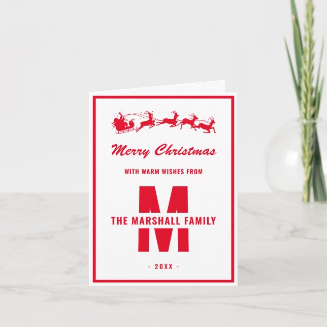 Simple White Red Monogram Family Name Christmas Holiday Card (Front)