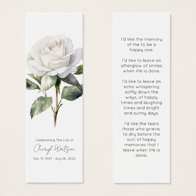 Simple White rose Funeral Memorial Bookmark (Front & Back)
