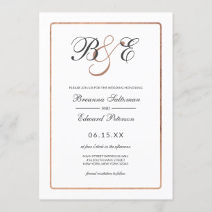 Simple White Rose Gold Border Monogram Wedding Invitation