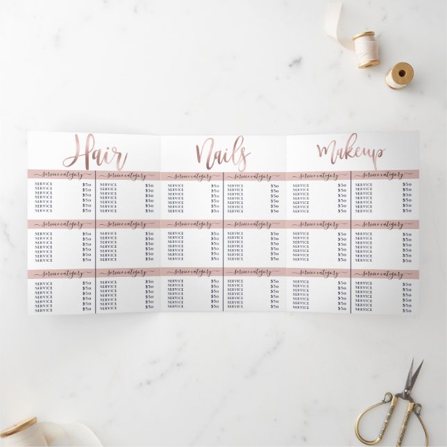 Simple White Rose Gold Salon Spa Price List Tri-Fold Invitation (Inside)