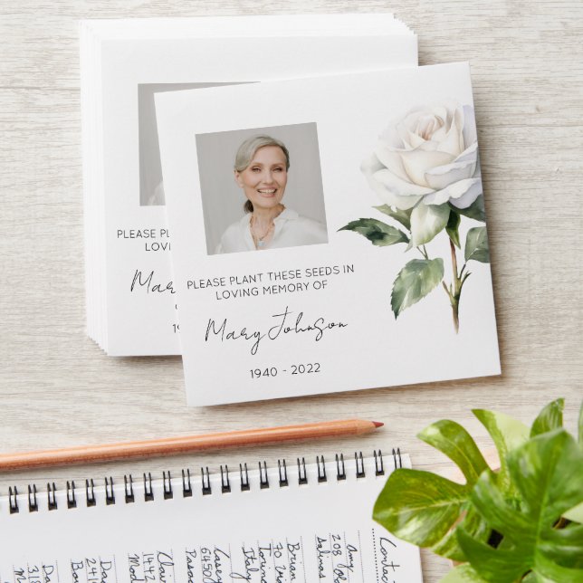 Simple White rose Photo Funeral Seed Envelope (Stacked)