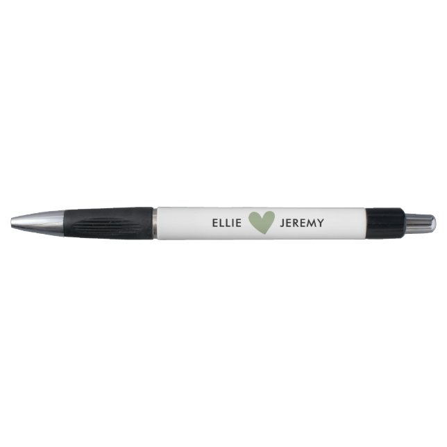 Simple White Sage Green Heart Wedding Pen (Front)