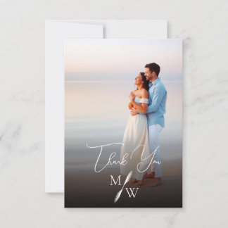 Simple White Script Monogram Wedding Photo Thank You Card