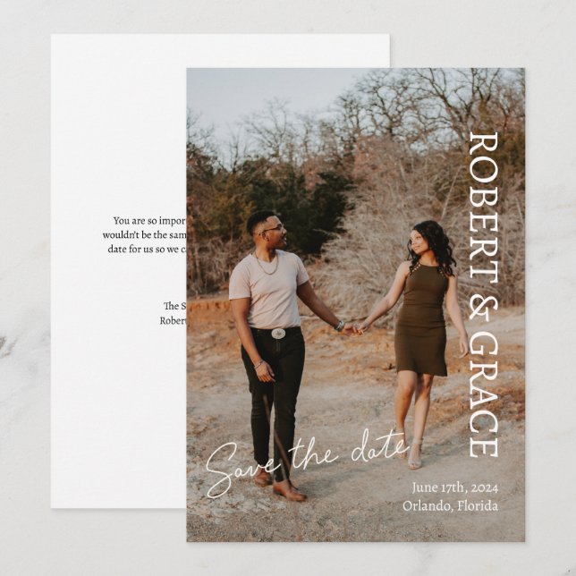 Simple White Script Photo Save The Date Card (Front/Back)