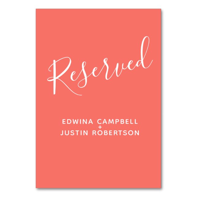 Simple white script text modern coral reserved table number (Back)