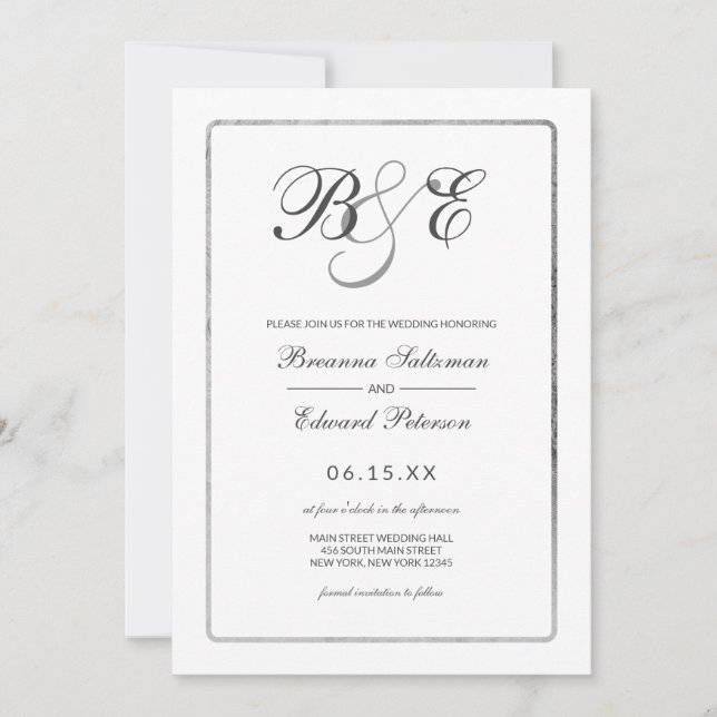 Simple White Silver Border Monogram Wedding Invitation (Front)