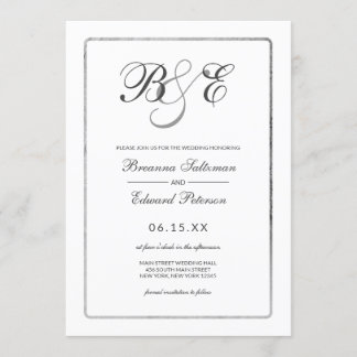 Simple White Silver Border Monogram Wedding Invitation