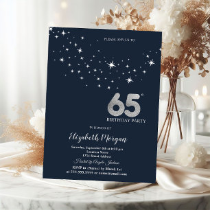 Simple White Stars Blue 65th Birthday Party Invitation