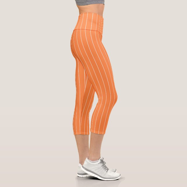 Simple White Stripes on Orange Background Capri Leggings (Right)