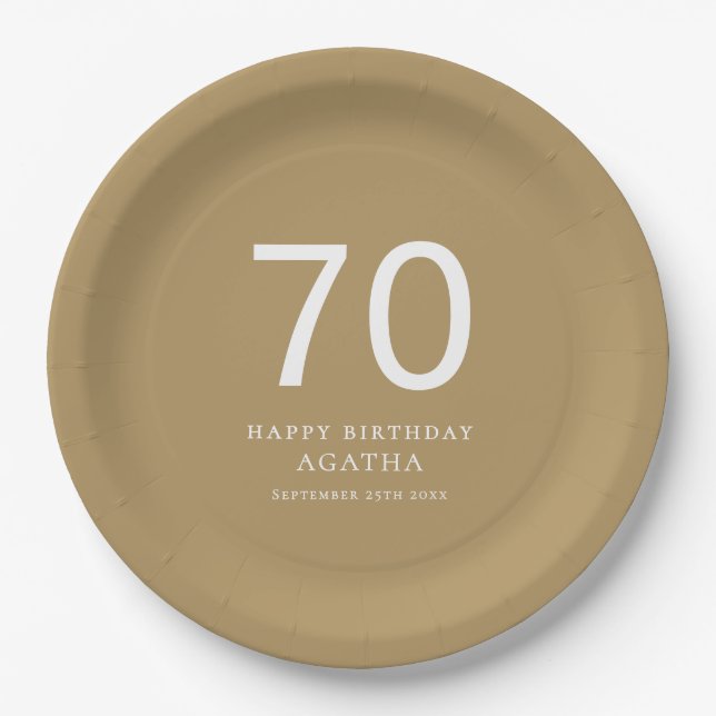 Simple White Text 70th Name Gold Birthday Party Paper Plate (Front)