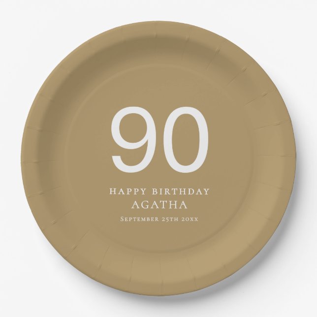 Simple White Text 90th Name Gold Birthday Party Paper Plate (Front)