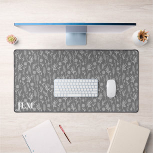 Simple White Twigs on Grey Monogram  Desk Mat