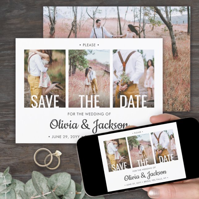 Simple White Typography Overlay Four Photo Wedding Save The Date (Creator Uploaded)