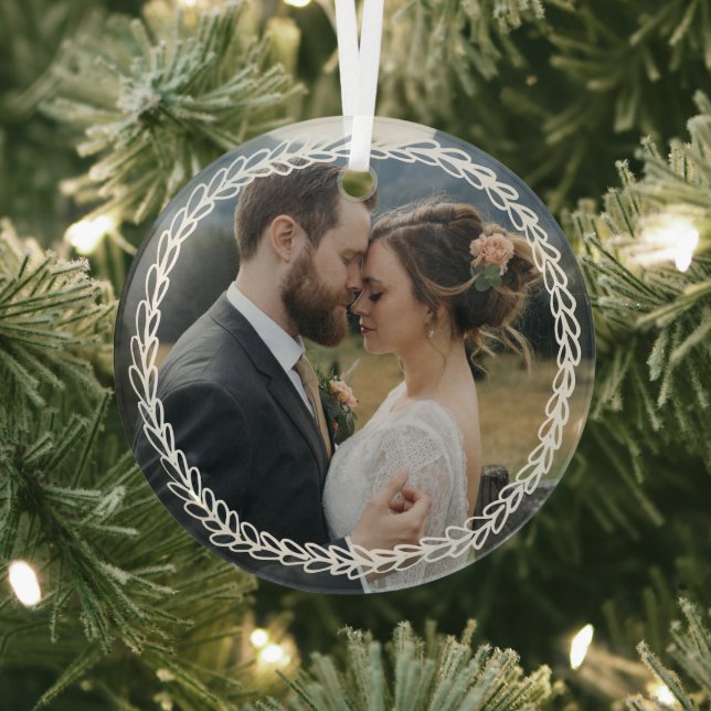 Simple White Wheat Wreath Add Wedding Photo Glass Ornament (Insitu)