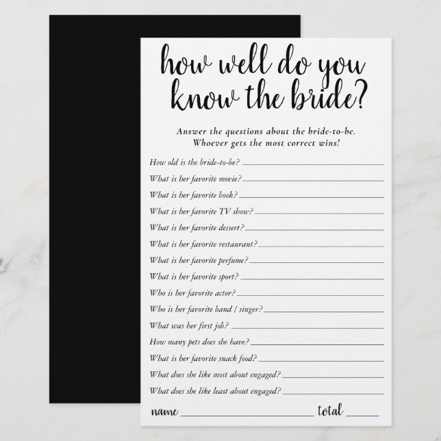Simple Who Knows the Bride Best | Black Game Card (Front/Back)