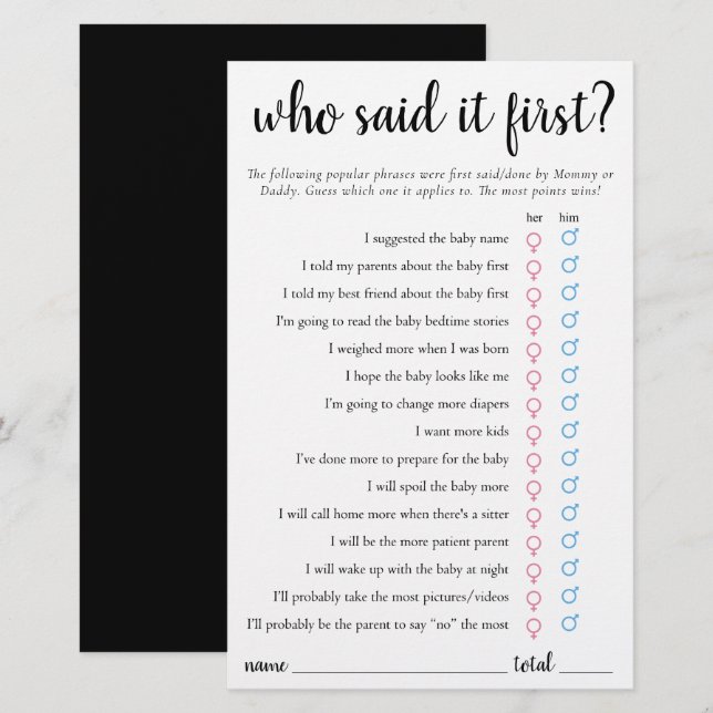 Simple Who Said It First | Black White Game Card (Front/Back)