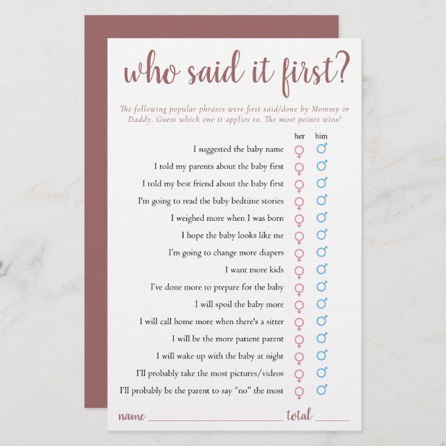 Simple Who Said It First | Mauve Pink Game Card (Front/Back)