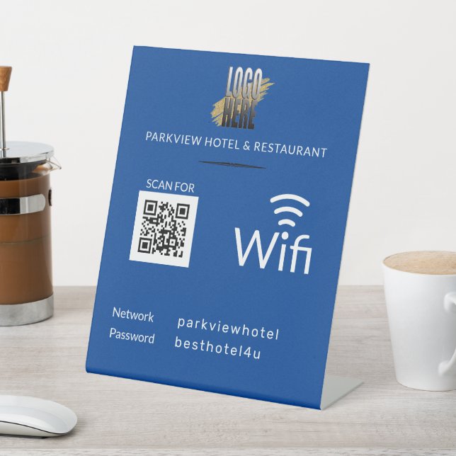 Simple Wifi Network Password QR Code Logo Blue Pedestal Sign (In SItu)