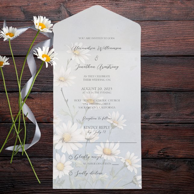 Simple Wild Daisies on Pale Grey Blue All In One Invitation (Also available with QR code. )