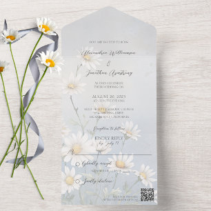 Simple Wild Daisies on Pale Grey Blue QR Code  All In One Invitation