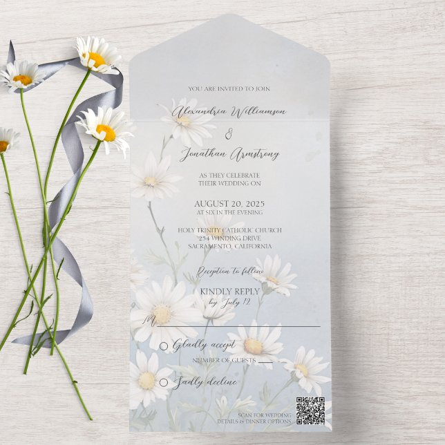 Simple Wild Daisies on Pale Grey Blue QR Code  All In One Invitation (Also available without QR code. )