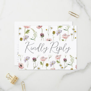 Simple Wild Flower Boho Garden Wedding RSVP Invitation Postcard