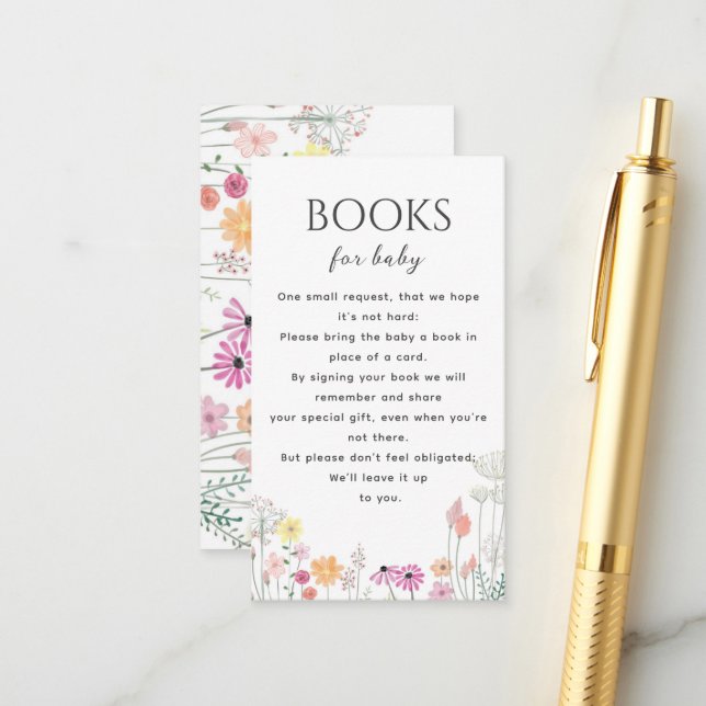 Simple Wildflower Baby Shower Books For Baby Enclosure Card (Front/Back In Situ)