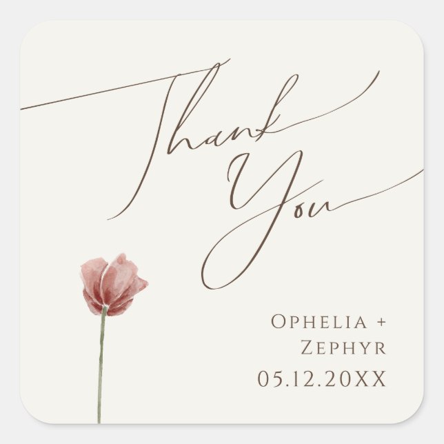 Simple Wildflower Beige Thank You Wedding Favour Square Sticker (Front)