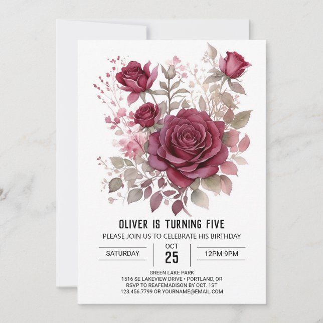 Simple Wildflower Burgundy Floral Birthday Invitation (Front)