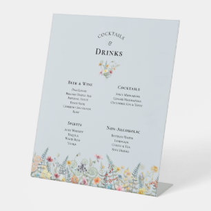 Simple Wildflower Dusty Blue Wedding Drinks Menu Pedestal Sign