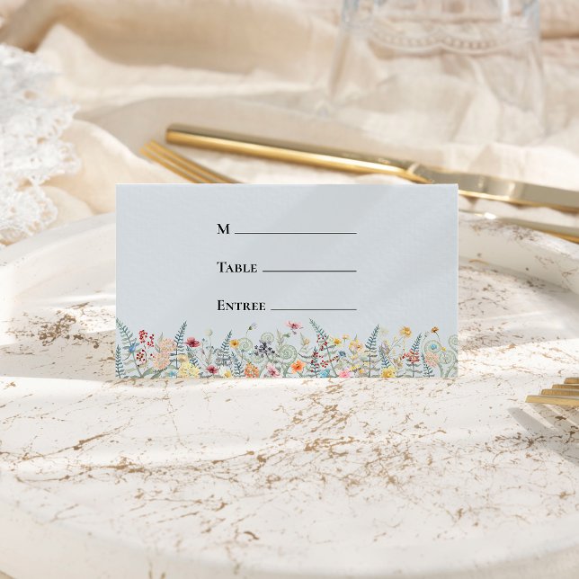 Simple Wildflower Dusty Blue Wedding Entree Folded Place Card (Creator Uploaded)