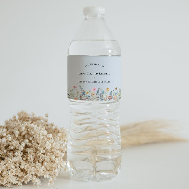 Simple Wildflower Fern Dusty Blue Wedding Water Bottle Label (Creator Uploaded)