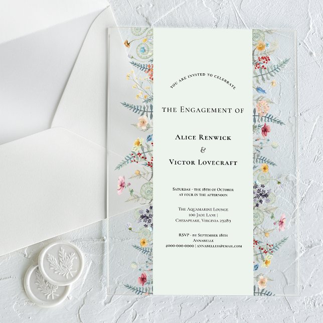 Simple Wildflower Fern Mint Green Engagement Party Acrylic Invitations (Creator Uploaded)