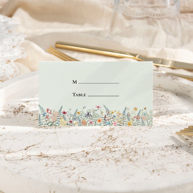 Simple Wildflower Fern Mint Green Wedding Folded Place Card (Creator Uploaded)