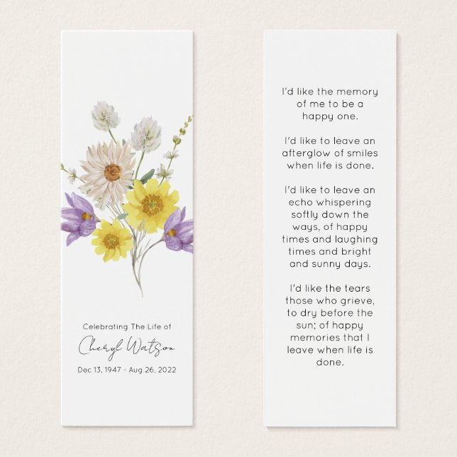 Simple Wildflower Funeral Memorial Bookmark (Front & Back)