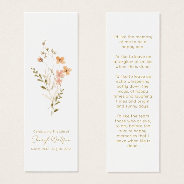 Simple Wildflower Funeral Memorial Bookmark (Devant & derrière)
