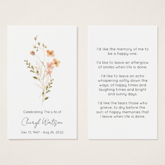 Simple Wildflower Funeral Memorial Prayer Card (Front & Back)