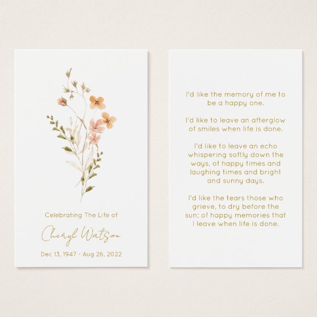 Simple Wildflower Funeral Memorial Prayer Card (Front & Back)