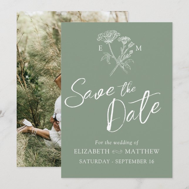 Simple wildflower green white photo  save the date (Front/Back)
