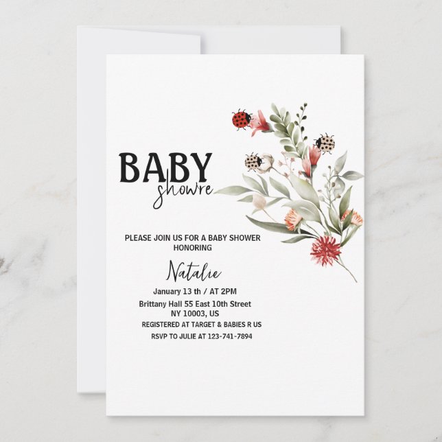 simple wildflower labybug baby shower invitations (Front)