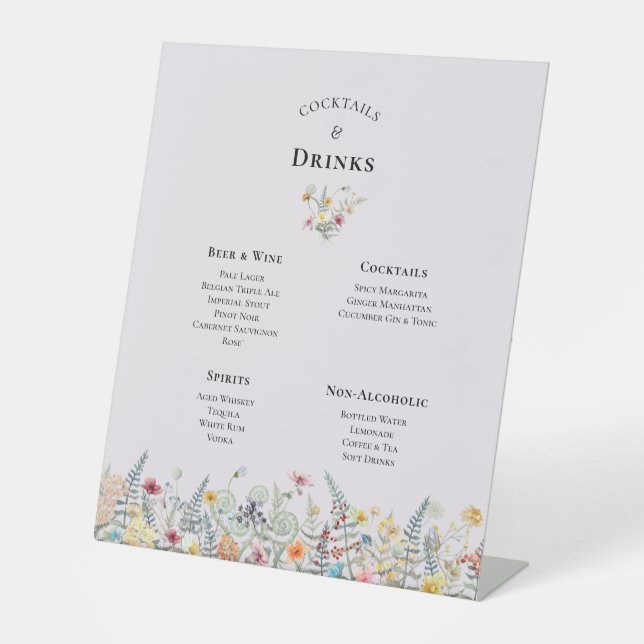 Simple Wildflower Lavender Wedding Drinks Menu Pedestal Sign (Front)