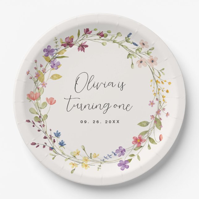 Simple Wildflower Wreath 1st Birthday Party Paper Plate (Front)