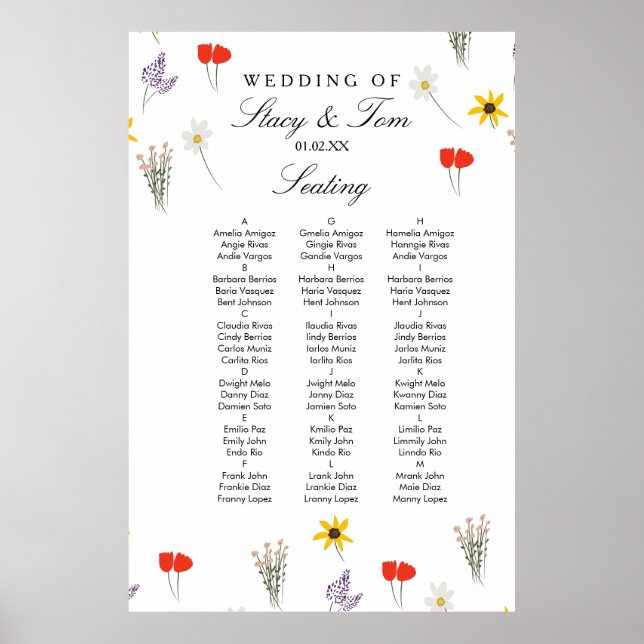 Simple Wildflowers Hand Drawn Wedding Seating  Poster (Front)