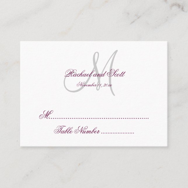 Simple Wine White Monogram Wedding Seating Card (Front)