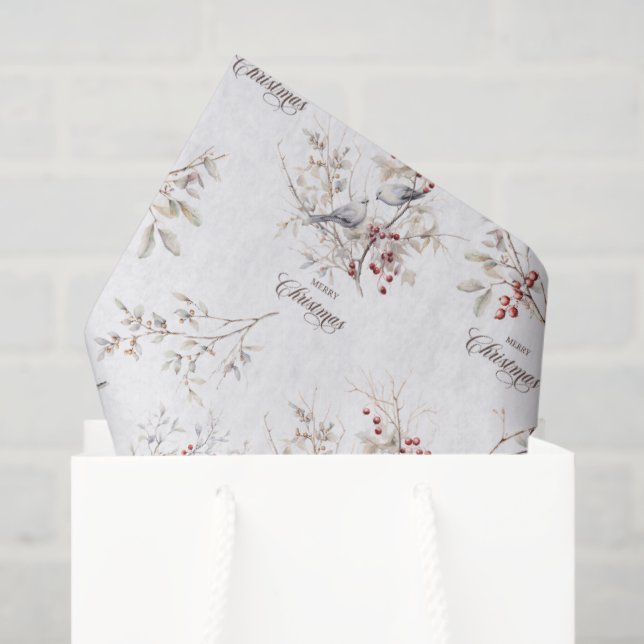 Simple Winter Birds Red Berries Christmas Tissue Paper (Gift Bag)