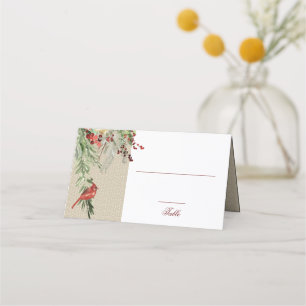 Simple Winter Cardinal & Greens Wedding Place Card