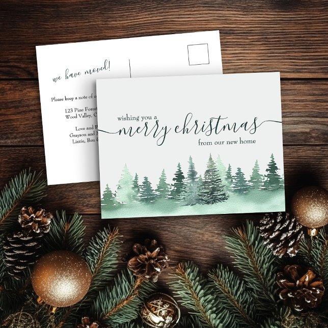 Simple Winter Forest Holiday Moving Announcement Postcard (Pine Forest Christmas Card from the Holiday Moving Announcements Collection by Darling & May)