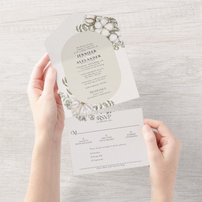 Simple Winter Greenery Oval Ivory Cream Wedding All In One Invitation (Tearaway)